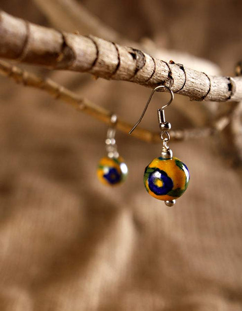 Single Blue Pottery Bead Earring (Yellow)